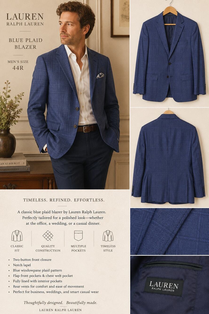 Lauren Ralph Lauren Mens Blazer Blue Plaid Sport Coat 44R Classic Wool